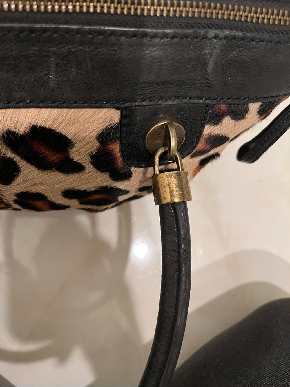 Vintage 90s Nordstrom Leopard Calf Hair & Leather Satchel Bag – Turn Lock Black - Picture 5 of 12